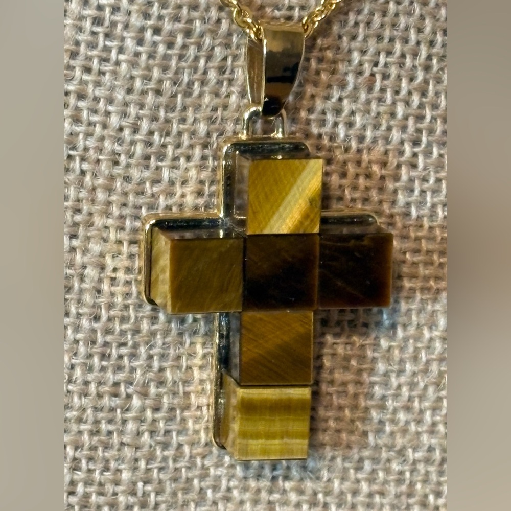 Kenneth Jay Lane Cross Pendant Tiger’s Eye Quartz 1960s Necklace 16” Cube Rare
